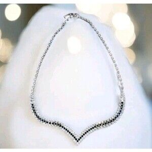 Vintage Rhinestone Black & Clear Formal Coctail Party V Neckline 16" Necklace